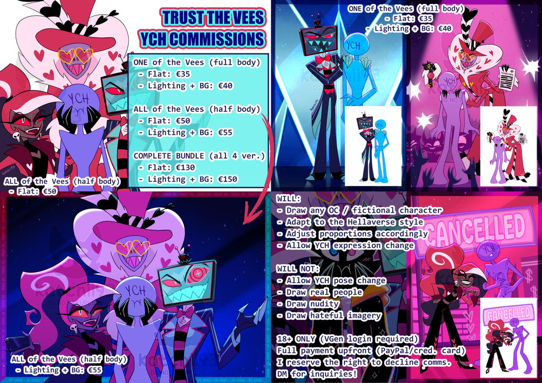 YCH Comm Sheet - Trust Us (The Vees, Hazbin Hotel)