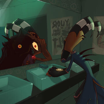 Helluva Boss fanart of Blitz looking into a mirror, and being reminded of the circus accident and the passing of his mother.