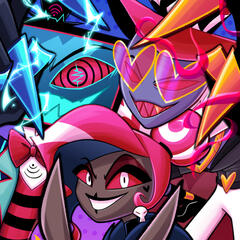 Hazbin Hotel fanart of Vaggie with her spear, combat outfit, and the lesbian flag behind her